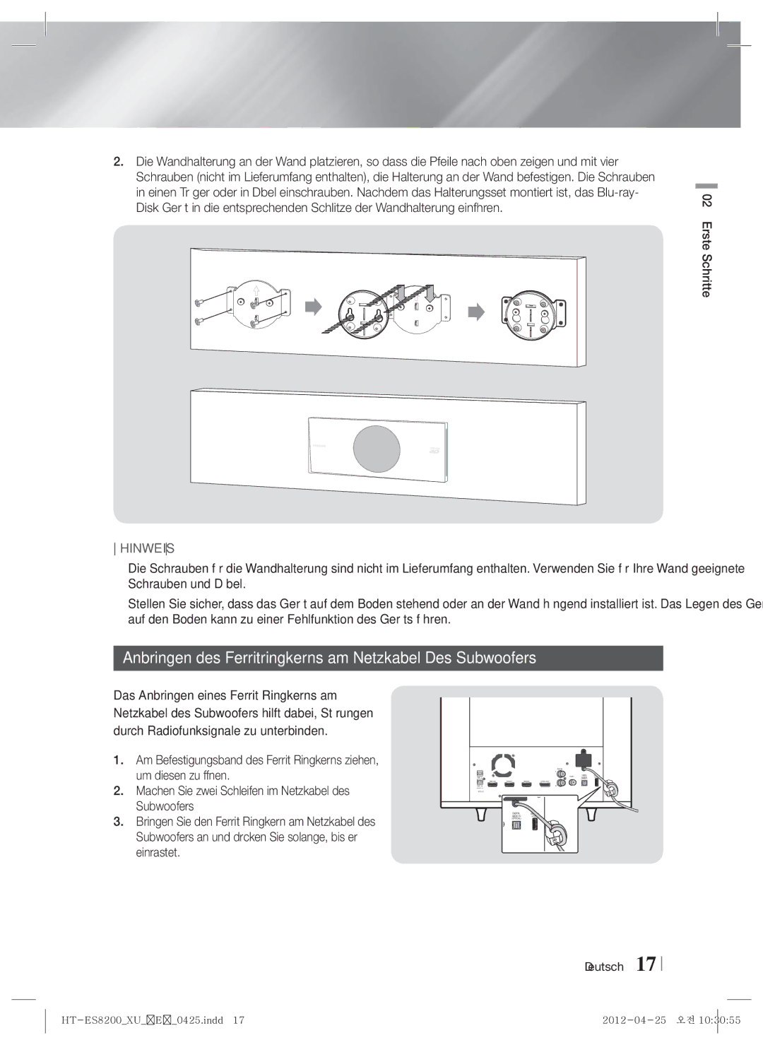 Samsung HT-ES8200/ZF, HT-ES8200/XN manual Anbringen des Ferritringkerns am Netzkabel Des Subwoofers 