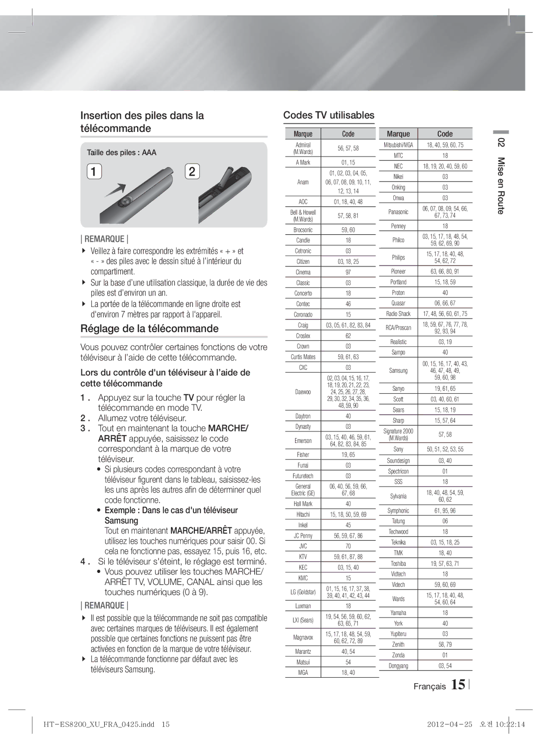 Samsung HT-ES8200/ZF manual Insertion des piles dans la télécommande, Réglage de la télécommande, Codes TV utilisables 