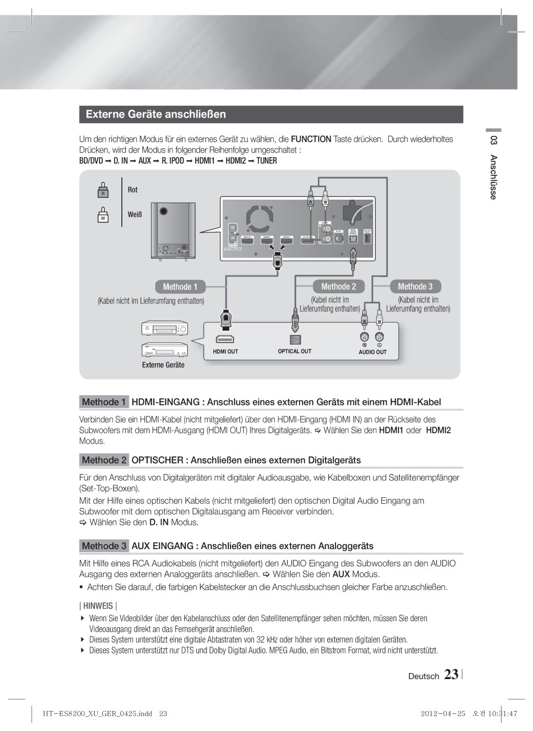 Samsung HT-ES8200/ZF, HT-ES8200/XN manual Externe Geräte anschließen, Kabel nicht im Lieferumfang enthalten, Rot Weiß 