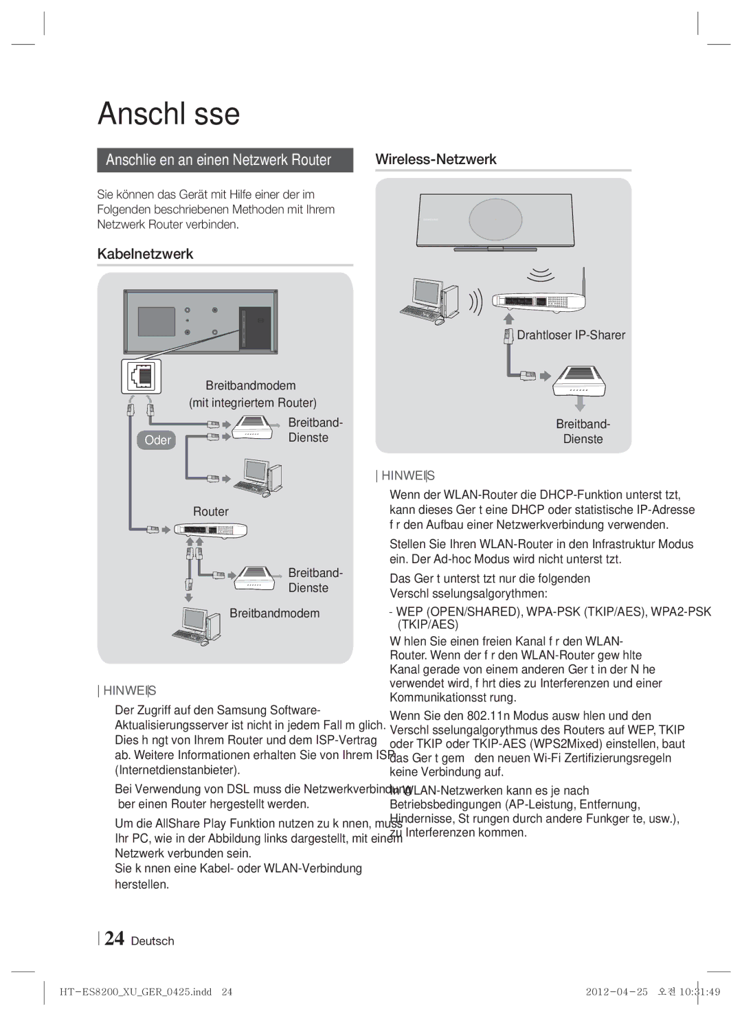 Samsung HT-ES8200/XN, HT-ES8200/ZF manual Kabelnetzwerk, Breitbandmodem Mit integriertem Router Oder Dienste 