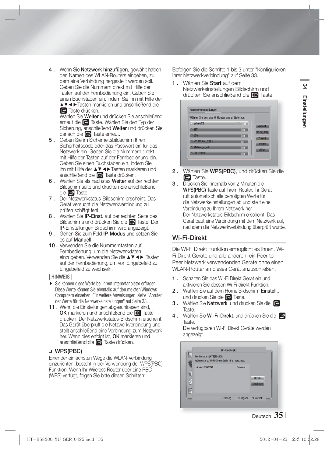 Samsung HT-ES8200/ZF, HT-ES8200/XN manual Wi-Fi-Direkt, Wählen Sie WPSPBC, und drücken Sie die Taste 