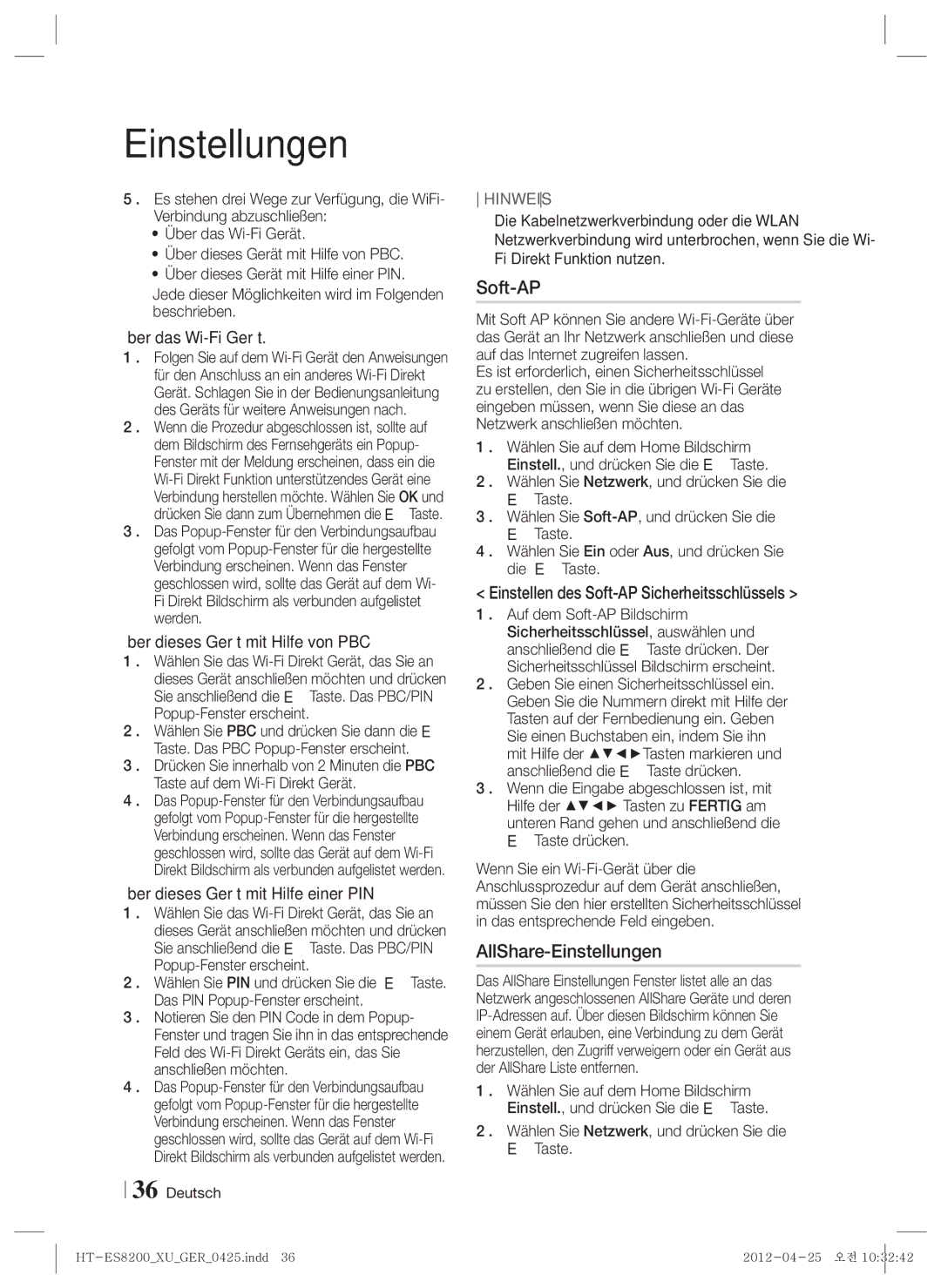 Samsung HT-ES8200/XN, HT-ES8200/ZF manual AllShare-Einstellungen, Einstellen des Soft-AP Sicherheitsschlüssels 