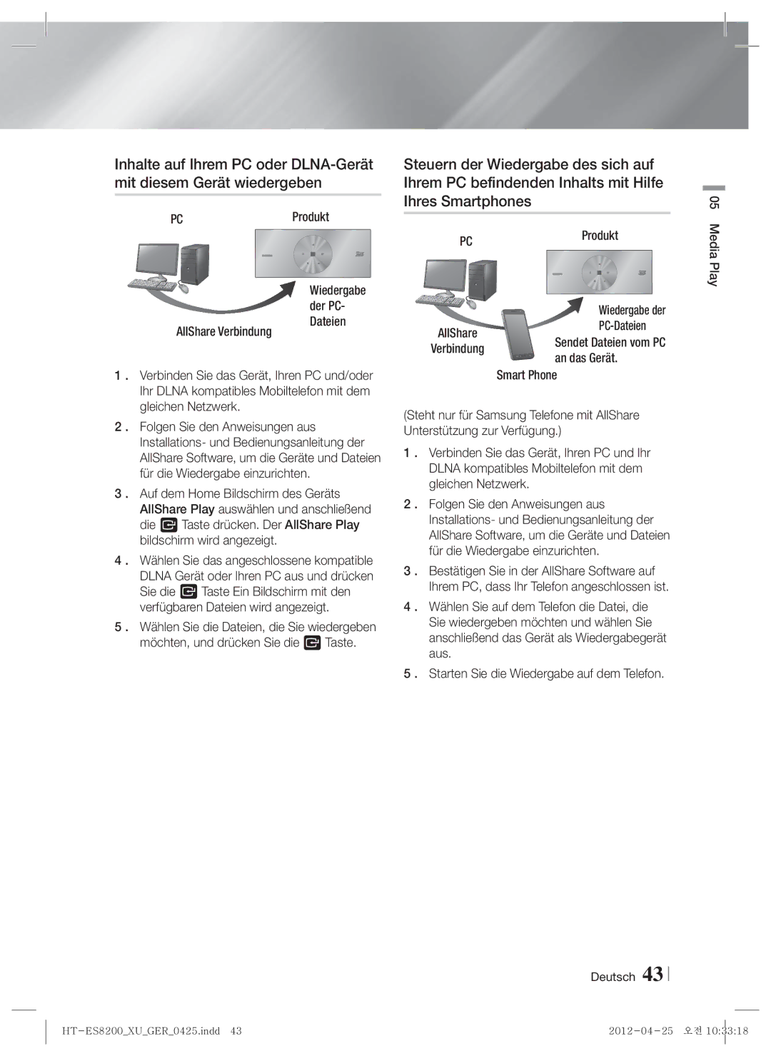 Samsung HT-ES8200/ZF, HT-ES8200/XN manual Produkt, PC-Dateien, An das Gerät, Smart Phone 