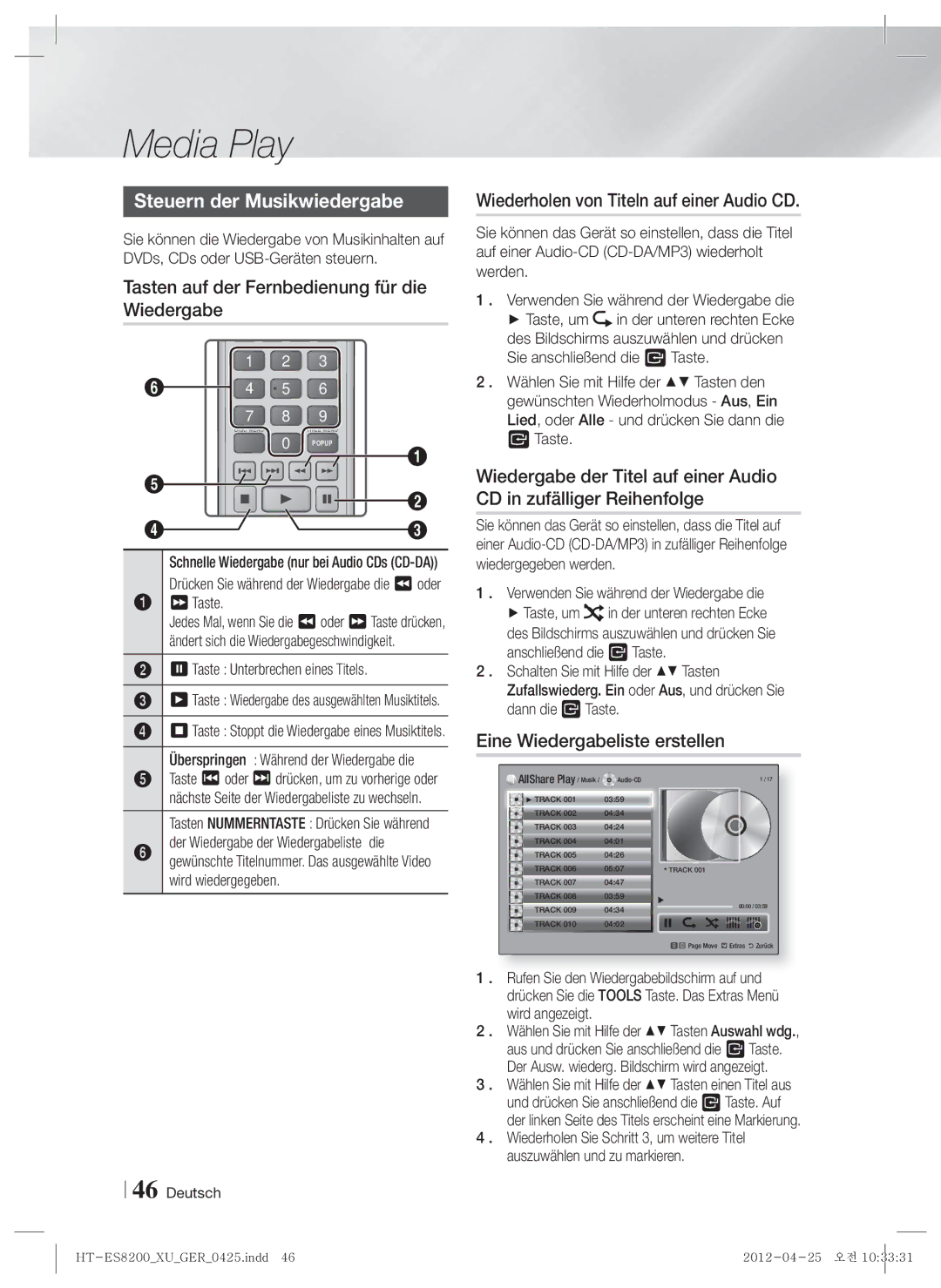 Samsung HT-ES8200/XN, HT-ES8200/ZF manual Steuern der Musikwiedergabe, Tasten auf der Fernbedienung für die Wiedergabe 