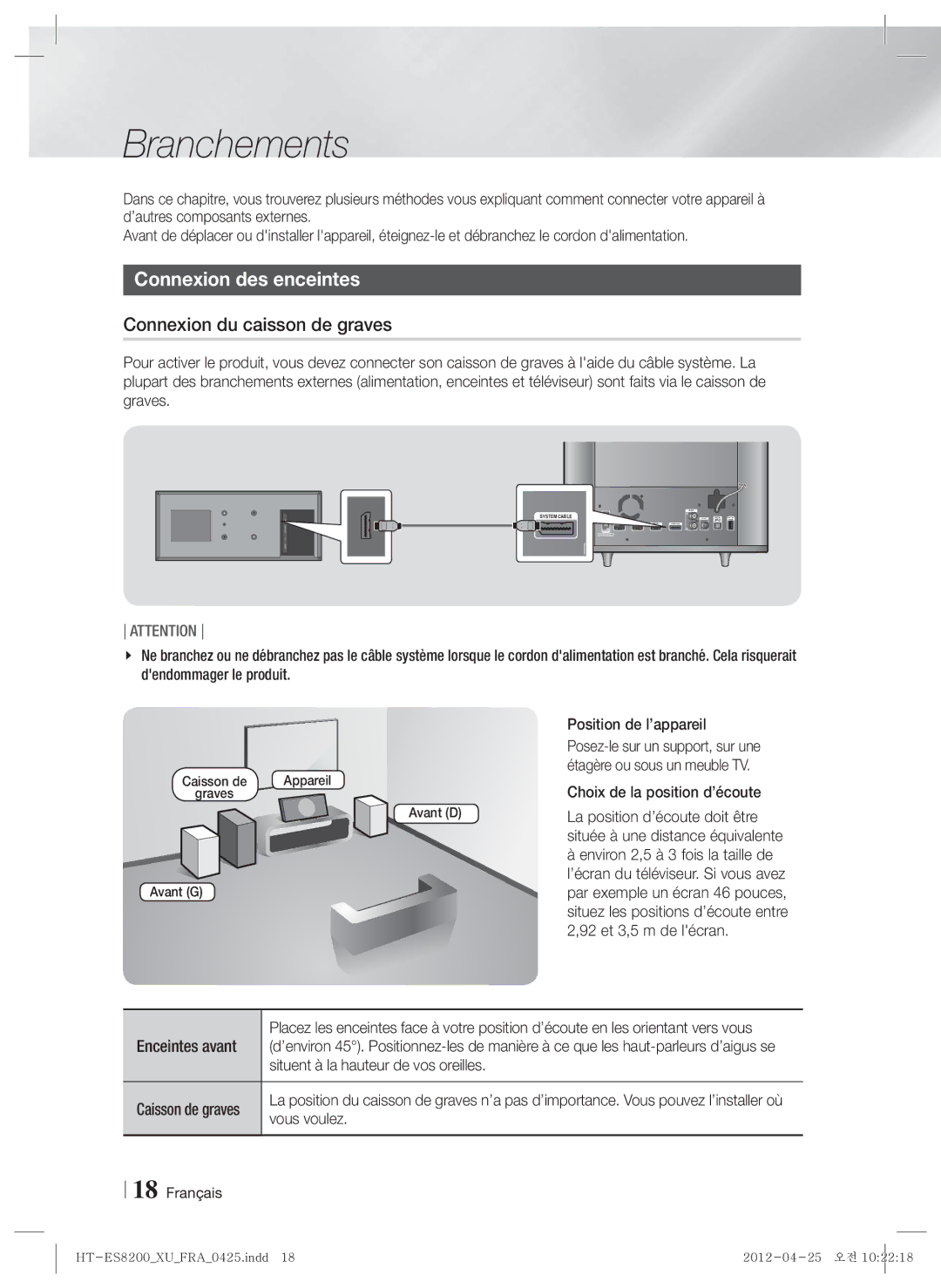 Samsung HT-ES8200/XN, HT-ES8200/ZF manual Branchements, Connexion des enceintes, Connexion du caisson de graves 