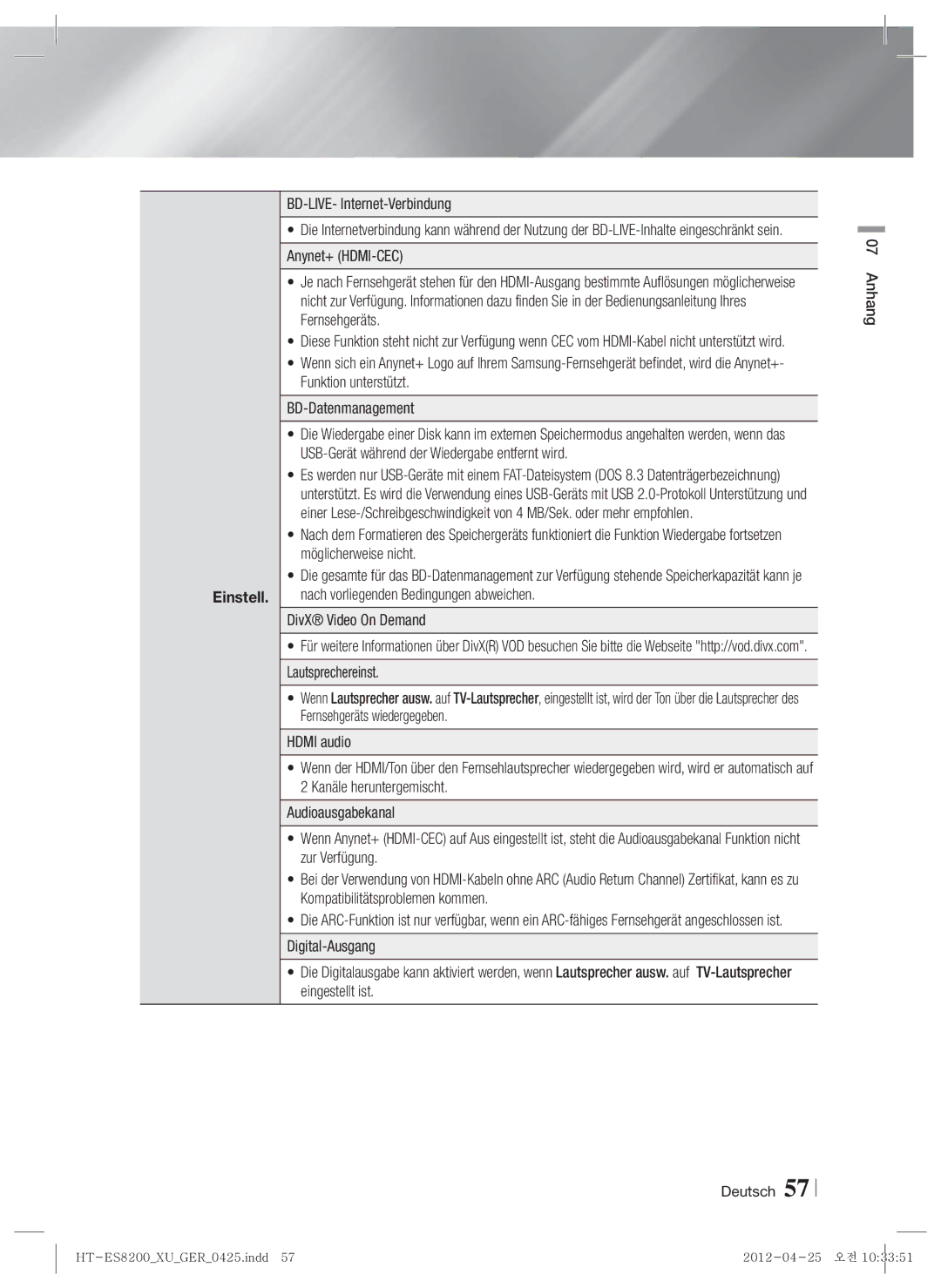 Samsung HT-ES8200/ZF BD-LIVE- Internet-Verbindung, Fernsehgeräts, Funktion unterstützt, BD-Datenmanagement, Hdmi audio 