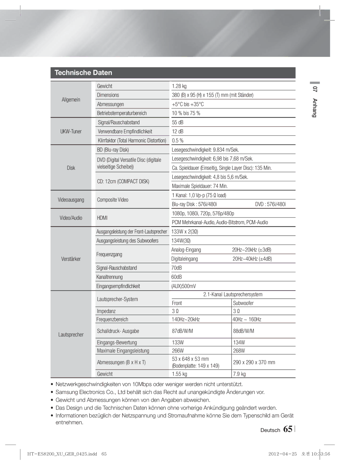 Samsung HT-ES8200/ZF, HT-ES8200/XN manual Technische Daten 