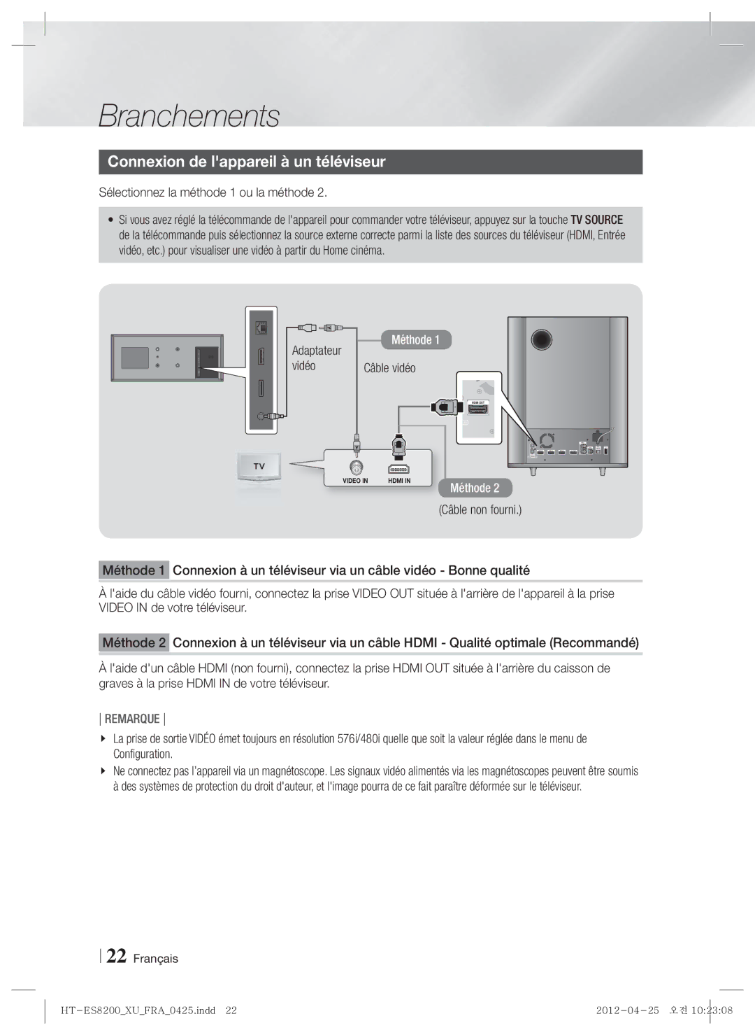 Samsung HT-ES8200/XN manual Connexion de lappareil à un téléviseur, Sélectionnez la méthode 1 ou la méthode, Adaptateur 