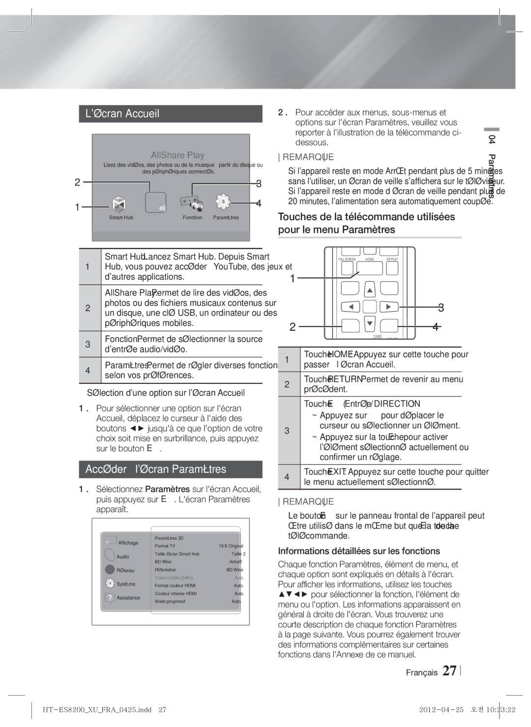 Samsung HT-ES8200/ZF, HT-ES8200/XN manual Lécran Accueil, Accéder à lécran Paramètres 