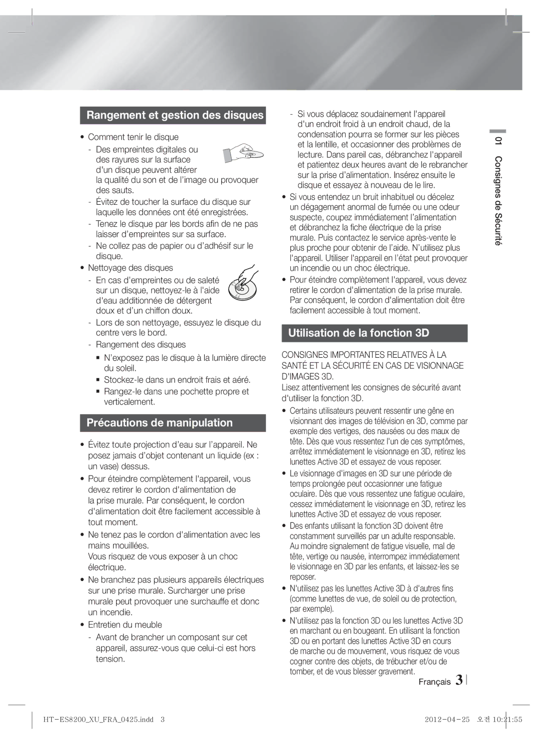 Samsung HT-ES8200/ZF manual Rangement et gestion des disques, Précautions de manipulation, Utilisation de la fonction 3D 