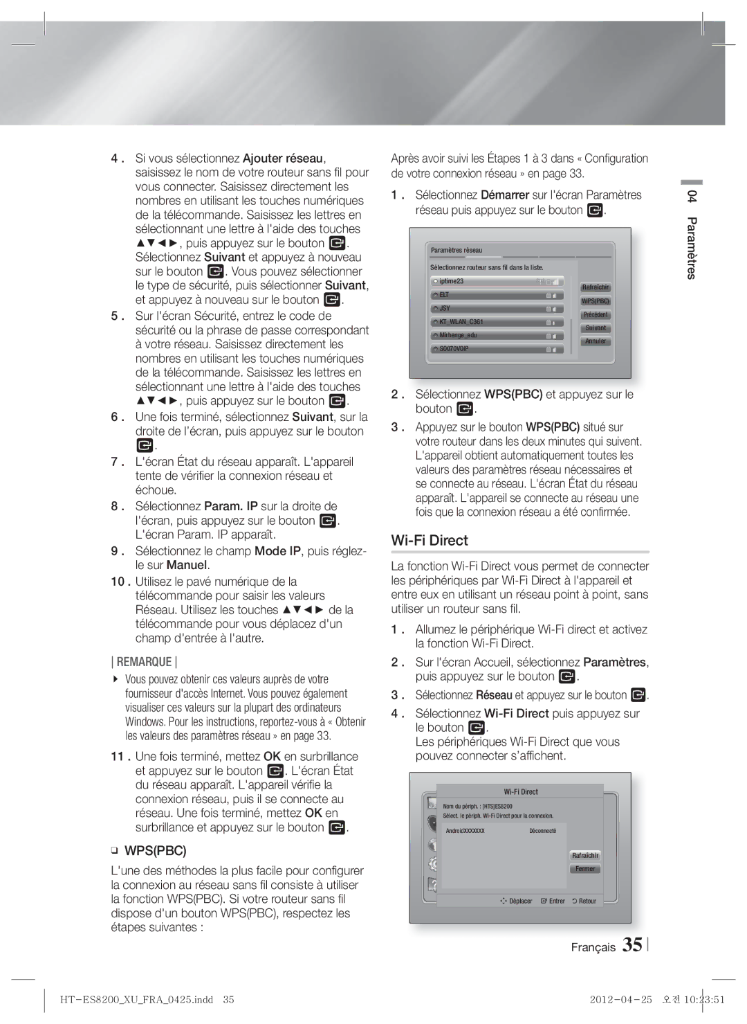 Samsung HT-ES8200/ZF, HT-ES8200/XN manual Wi-Fi Direct, Sélectionnez Wpspbc et appuyez sur le bouton E 