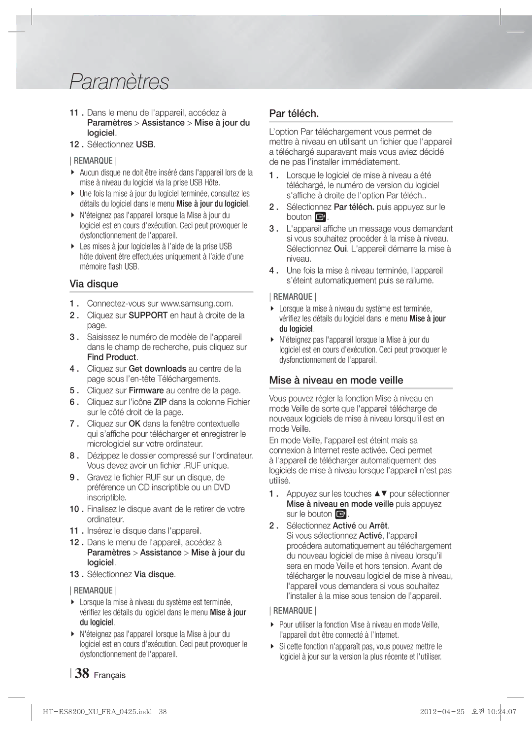 Samsung HT-ES8200/XN, HT-ES8200/ZF manual Via disque, Par téléch, Mise à niveau en mode veille 