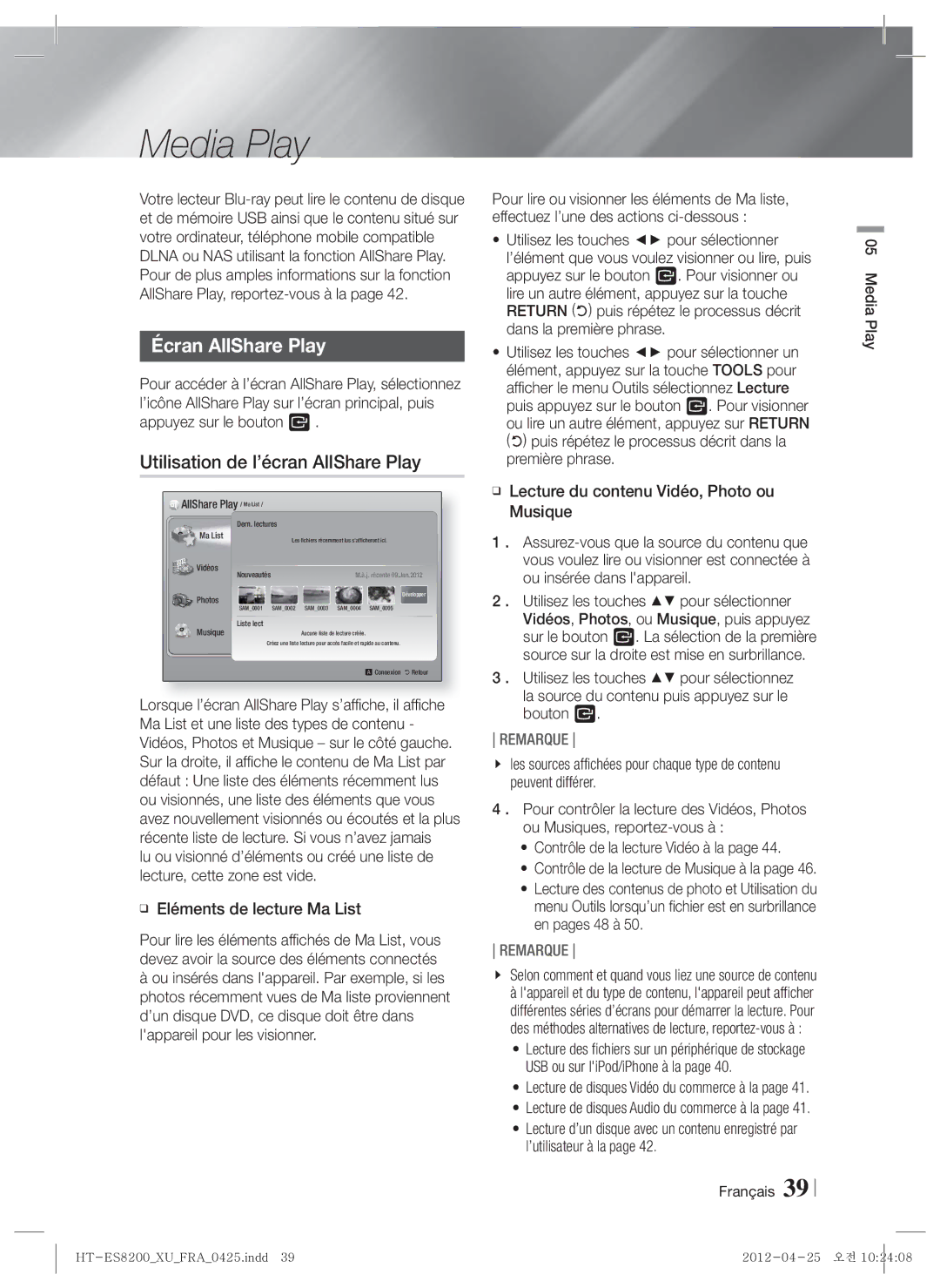 Samsung HT-ES8200/ZF, HT-ES8200/XN manual Media Play, Écran AllShare Play, Utilisation de l’écran AllShare Play 