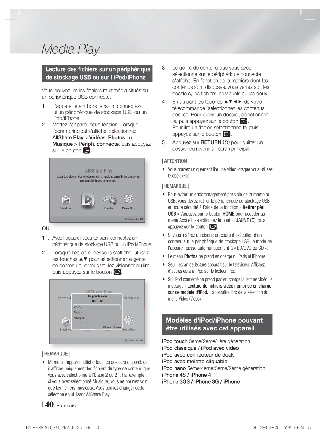 Samsung HT-ES8200/XN, HT-ES8200/ZF manual Modèles diPod/iPhone pouvant Être utilisés avec cet appareil 