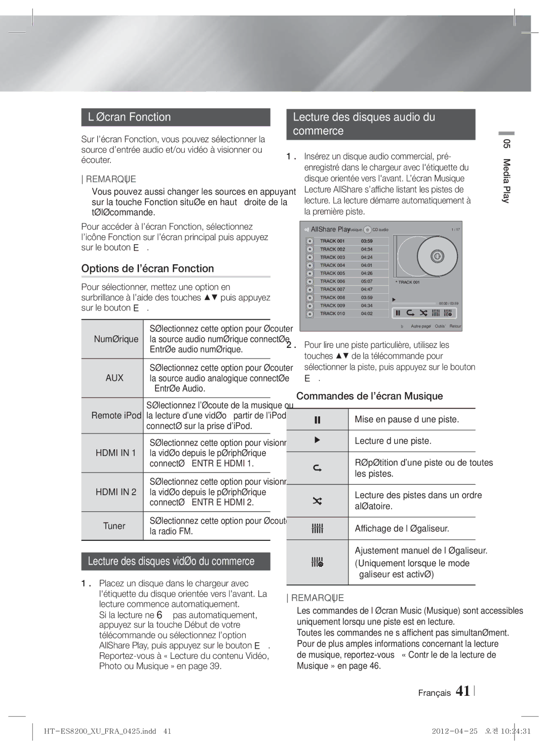 Samsung HT-ES8200/ZF Options de l’écran Fonction, Lecture des disques audio du Commerce, Commandes de l’écran Musique 