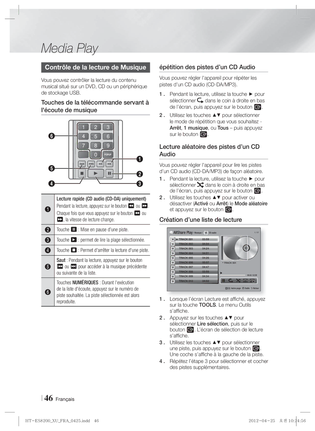 Samsung HT-ES8200/XN manual Contrôle de la lecture de Musique, Touches de la télécommande servant à lécoute de musique 