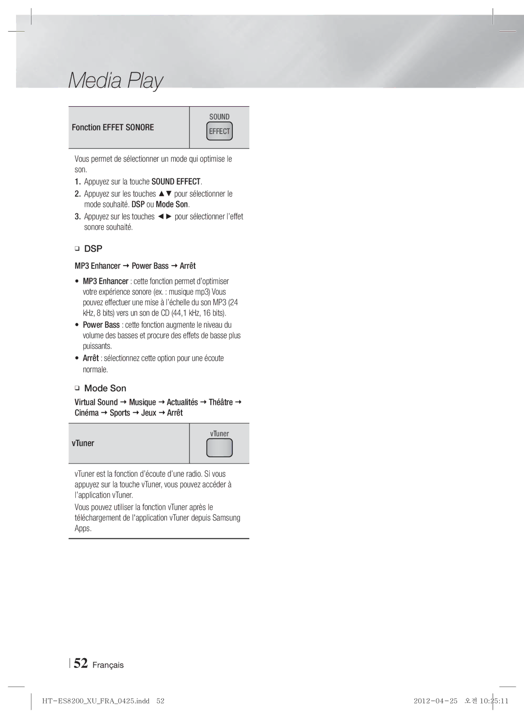 Samsung HT-ES8200/XN, HT-ES8200/ZF manual Fonction Effet Sonore, Dsp, VTuner 