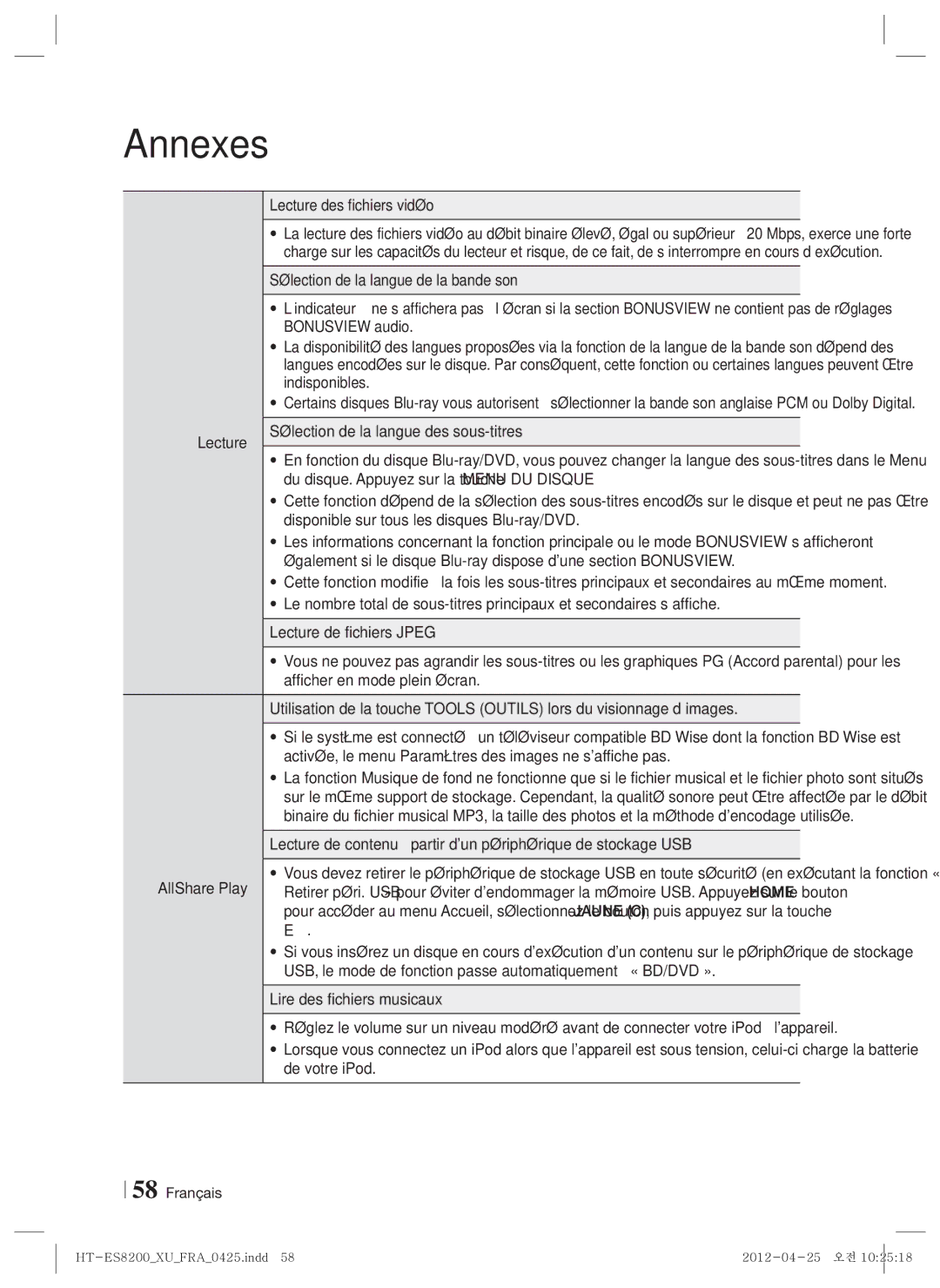 Samsung HT-ES8200/XN, HT-ES8200/ZF Lecture des fichiers vidéo, Sélection de la langue des sous-titres, AllShare Play 