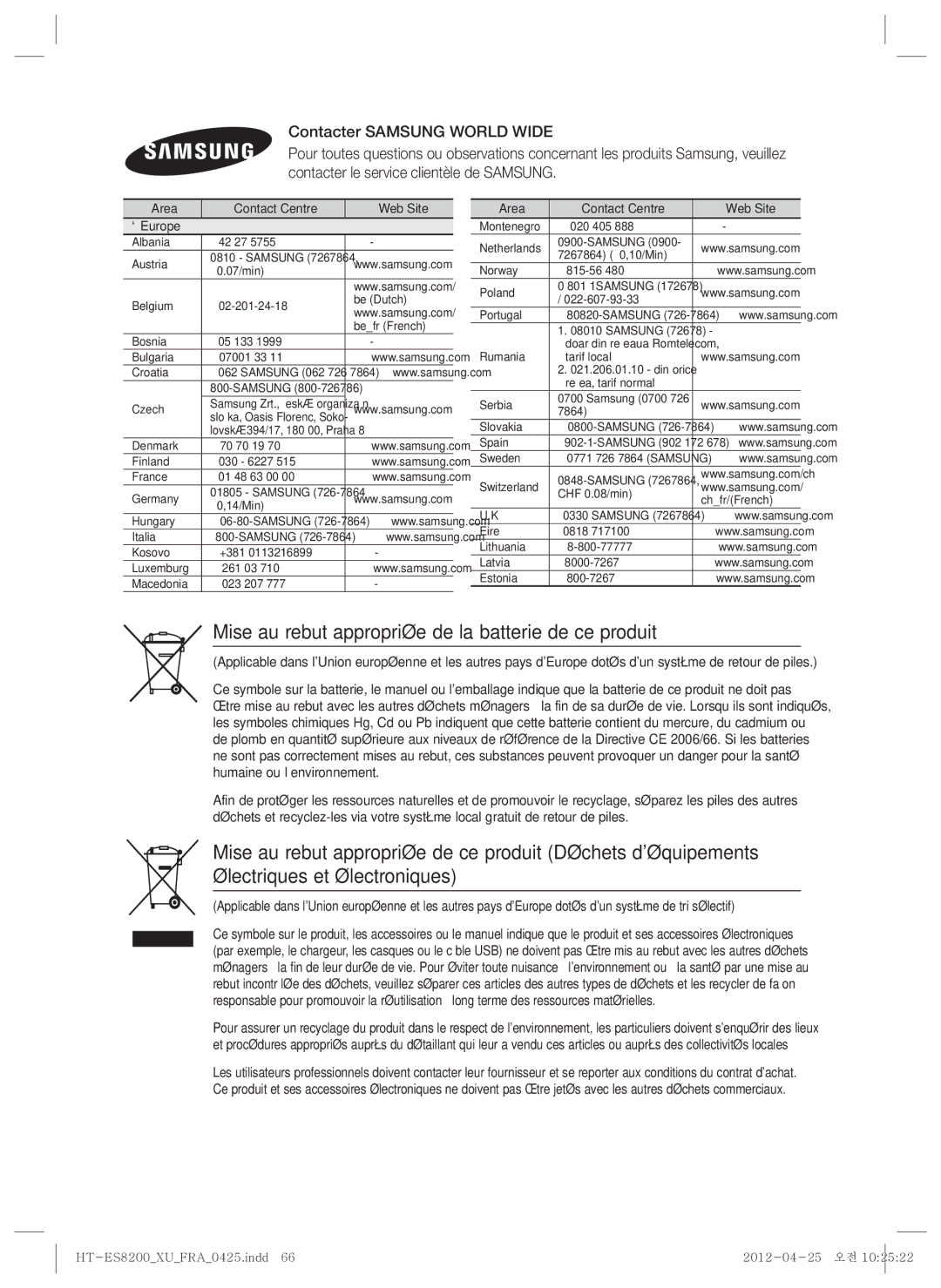 Samsung HT-ES8200/XN manual Mise au rebut appropriée de la batterie de ce produit, Area Contact Centre  Web Site ` Europe 