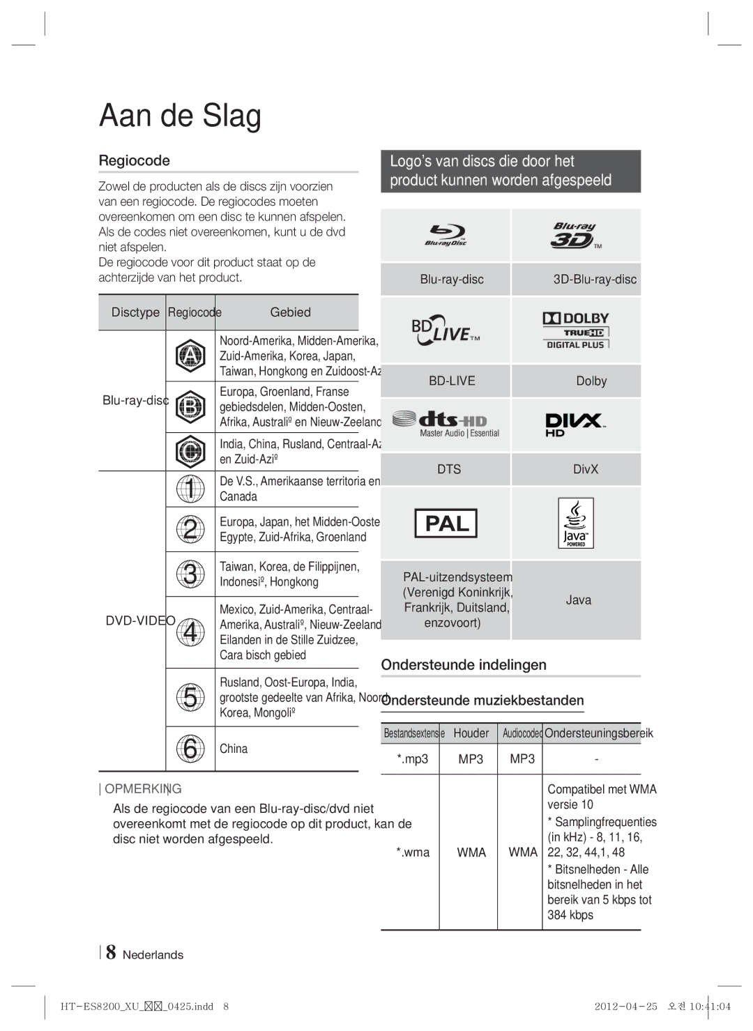 Samsung HT-ES8200/XN, HT-ES8200/ZF manual Regiocode, Ondersteunde indelingen, Ondersteunde muziekbestanden 