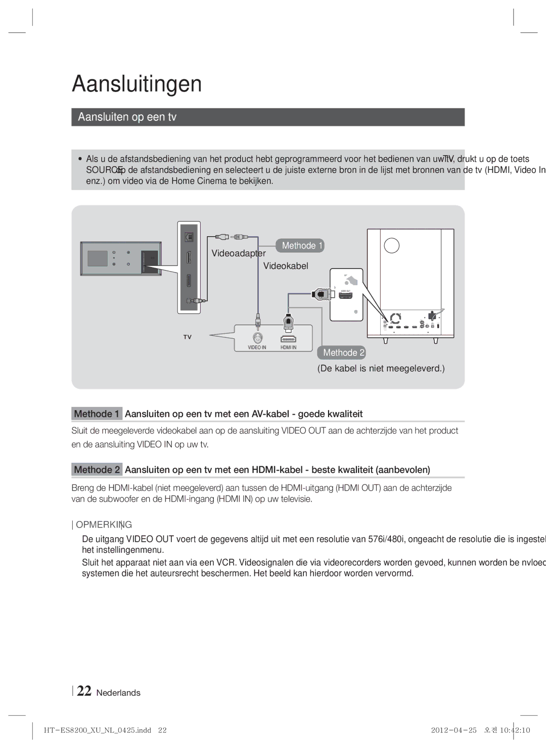 Samsung HT-ES8200/XN, HT-ES8200/ZF manual Aansluiten op een tv, Selecteer Methode 1 of Methode, Videoadapter Videokabel 