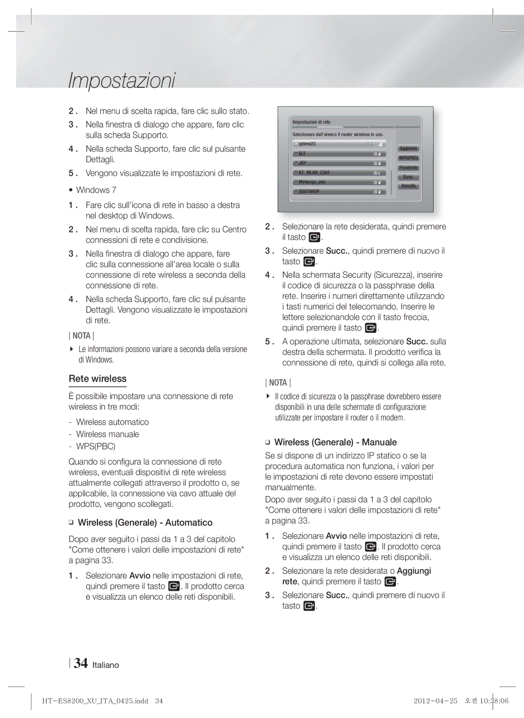 Samsung HT-ES8200/ZF manual Rete wireless, Wpspbc 