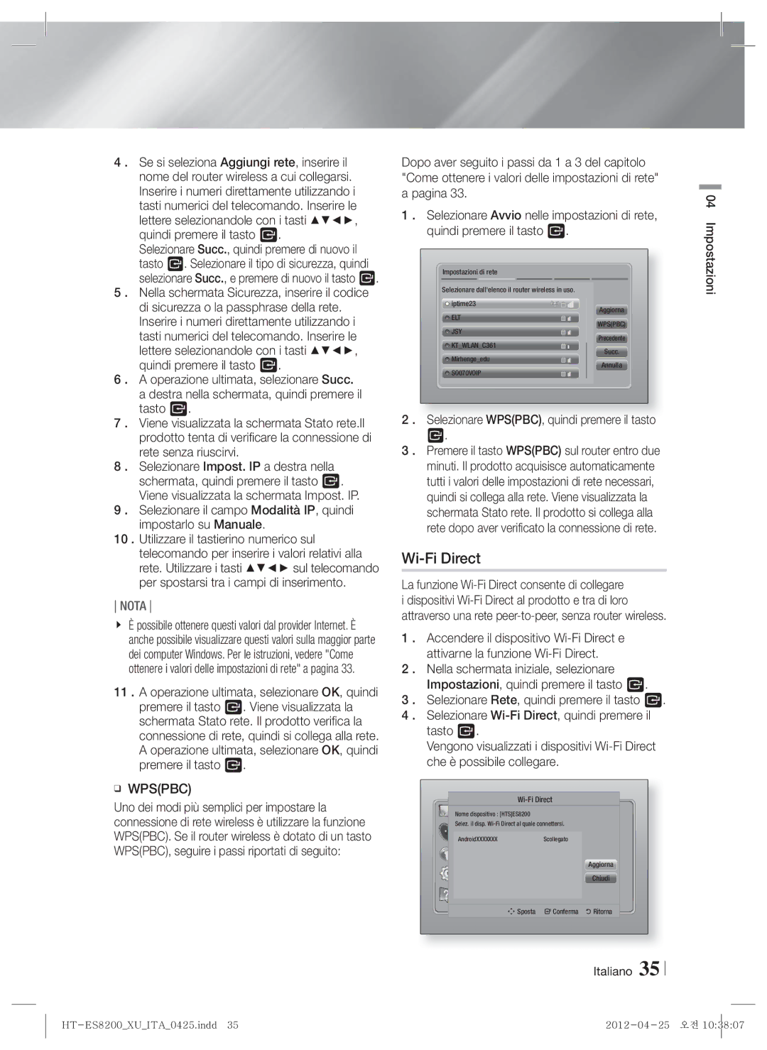 Samsung HT-ES8200/ZF manual Wi-Fi Direct, Selezionare WPSPBC, quindi premere il tasto E 