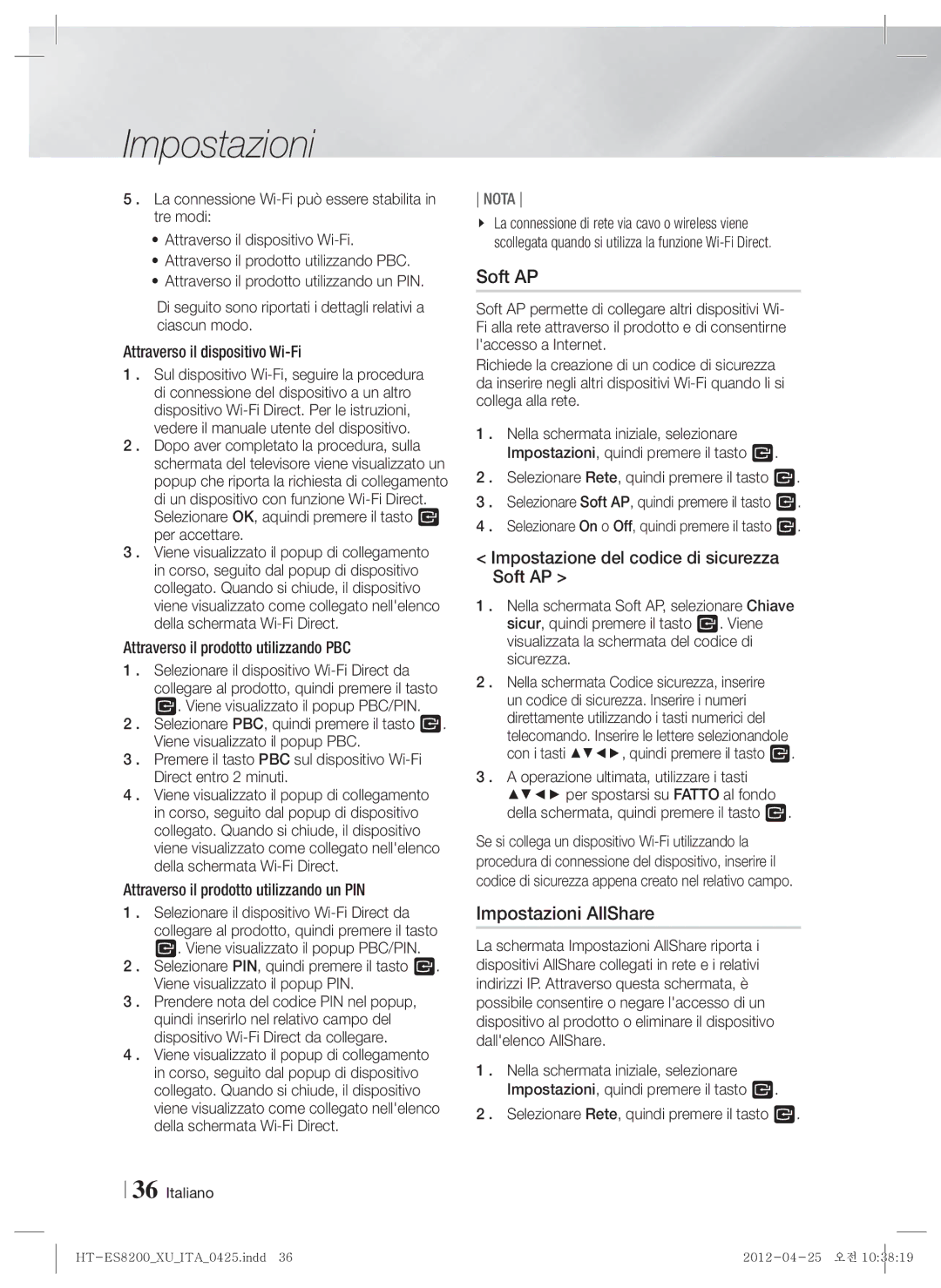 Samsung HT-ES8200/ZF manual Impostazioni AllShare, Impostazione del codice di sicurezza Soft AP 