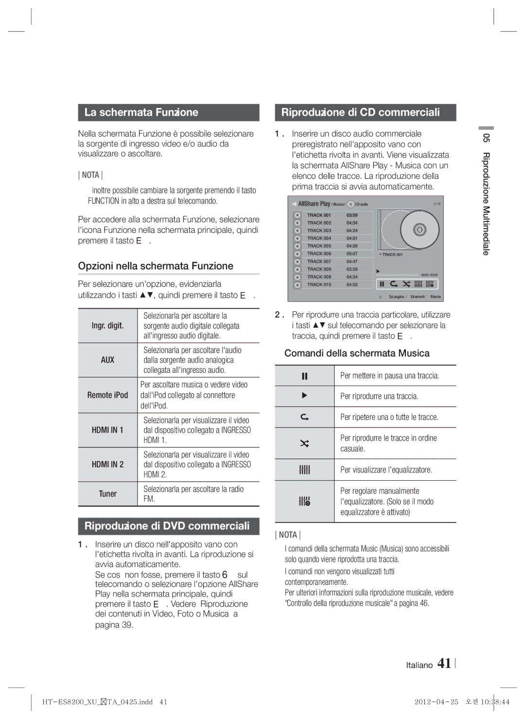 Samsung HT-ES8200/ZF manual La schermata Funzione, Opzioni nella schermata Funzione, Riproduzione di CD commerciali 