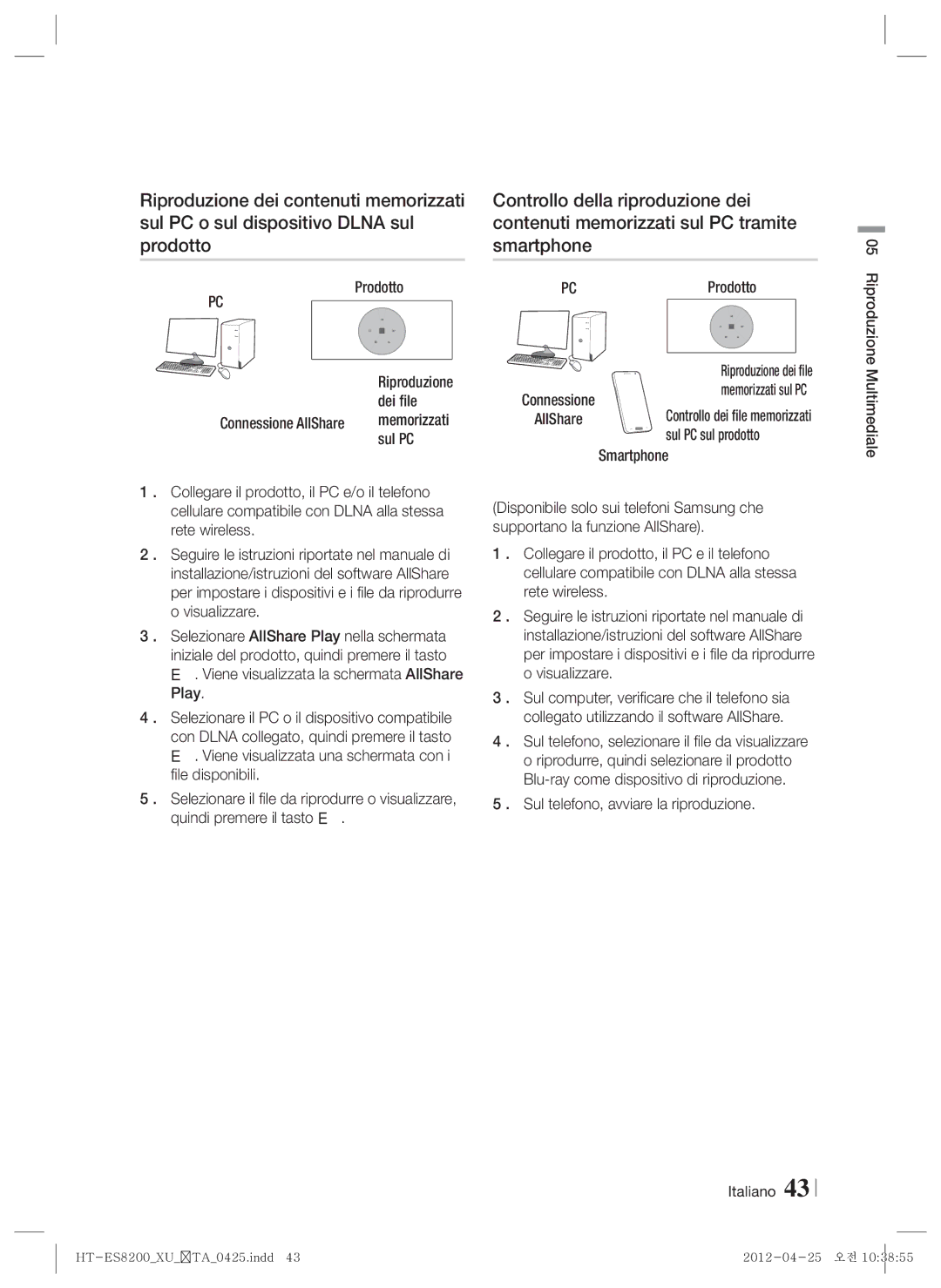 Samsung HT-ES8200/ZF manual Sul PC sul prodotto, Sul telefono, avviare la riproduzione 