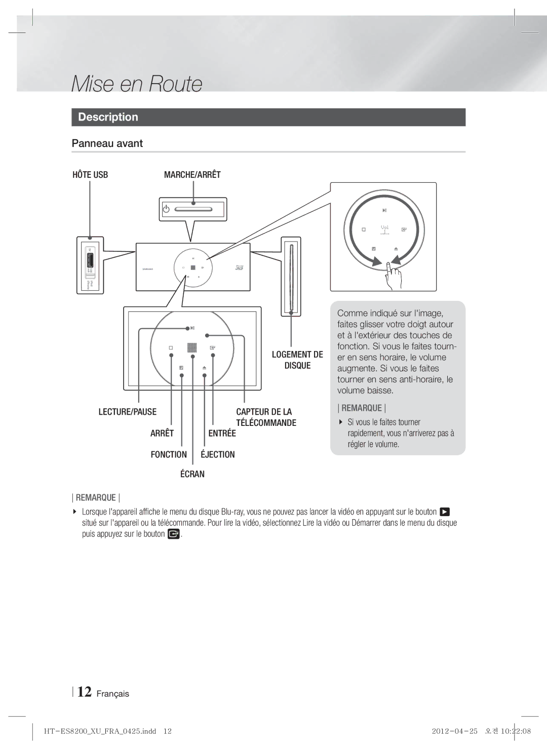 Samsung HT-ES8200/ZF manual Description, Panneau avant, Hôte USB, Écran 