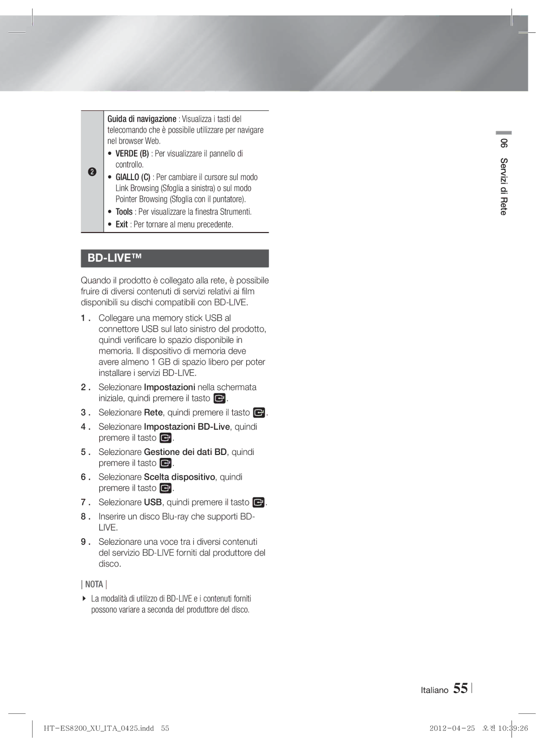 Samsung HT-ES8200/ZF manual Verde B Per visualizzare il pannello di controllo, Servizi di Rete Italiano 