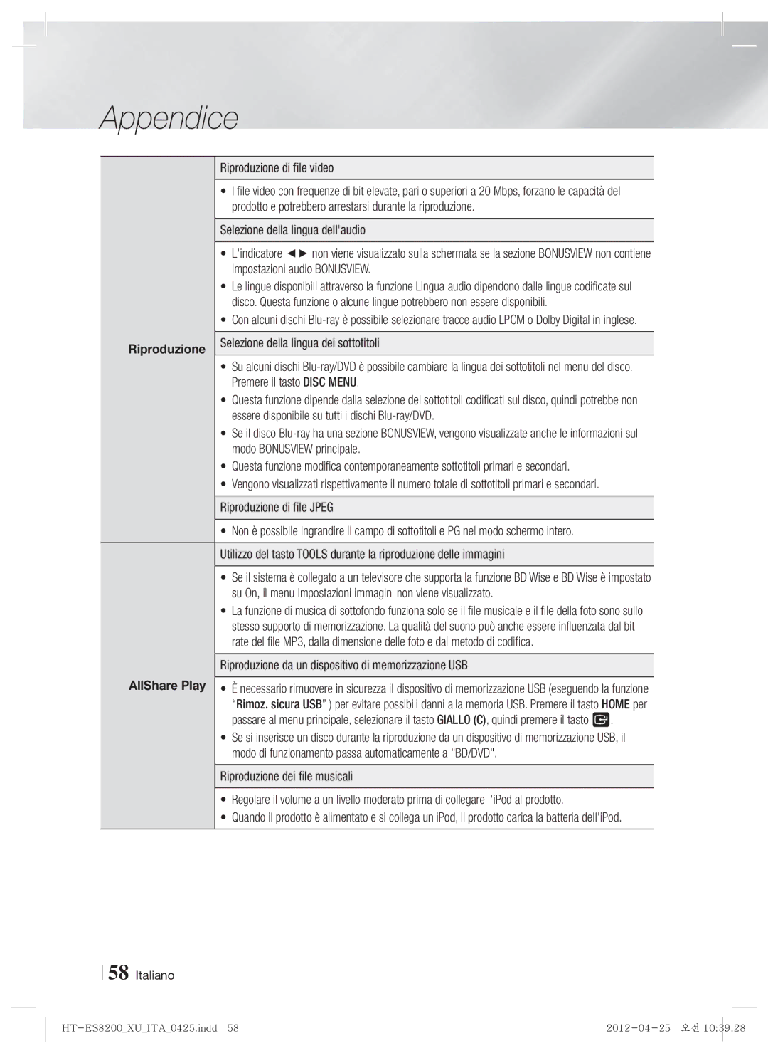 Samsung HT-ES8200/ZF manual Riproduzione di file video, Prodotto e potrebbero arrestarsi durante la riproduzione 