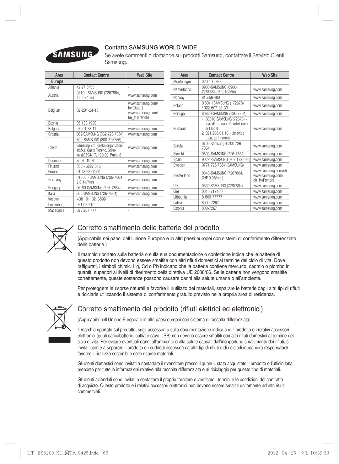 Samsung HT-ES8200/ZF manual Corretto smaltimento delle batterie del prodotto, Area Contact Centre  Web Site ` Europe 