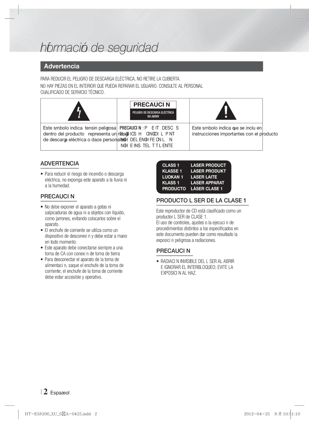 Samsung HT-ES8200/ZF manual Información de seguridad, Advertencia, Español 