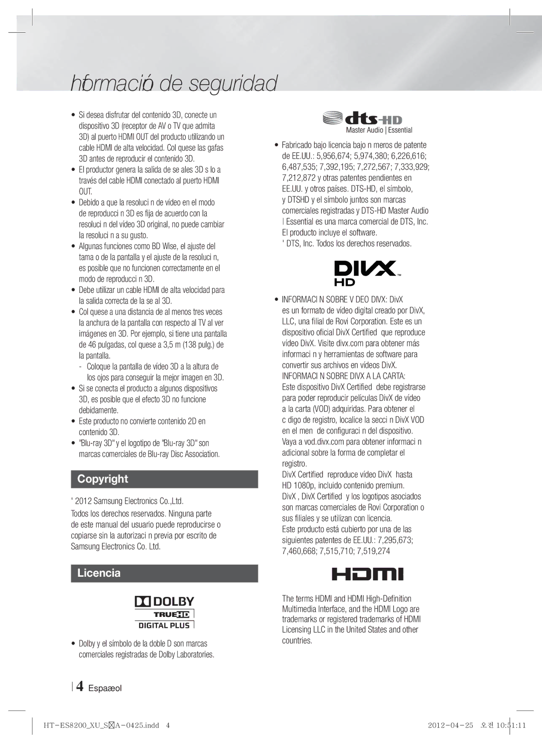 Samsung HT-ES8200/ZF manual Copyright, Licencia 