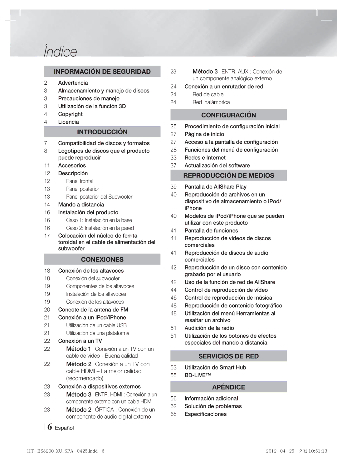 Samsung HT-ES8200/ZF manual Índice, Utilización de Smart Hub 