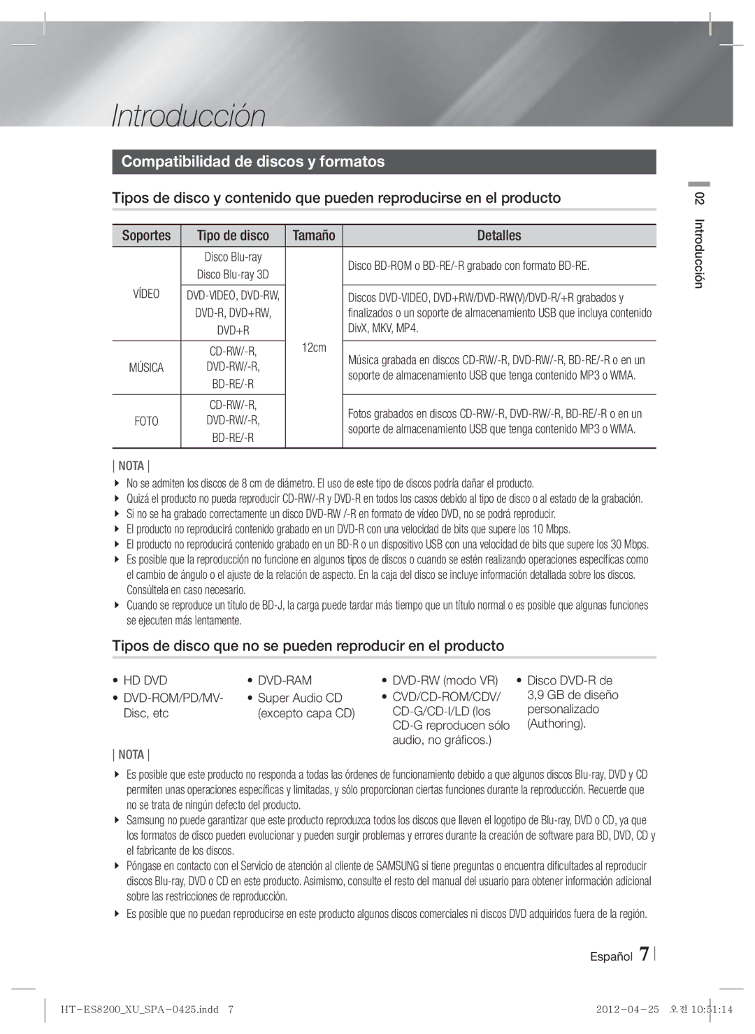 Samsung HT-ES8200/ZF manual Introducción, Compatibilidad de discos y formatos, Tipo de disco, Detalles 