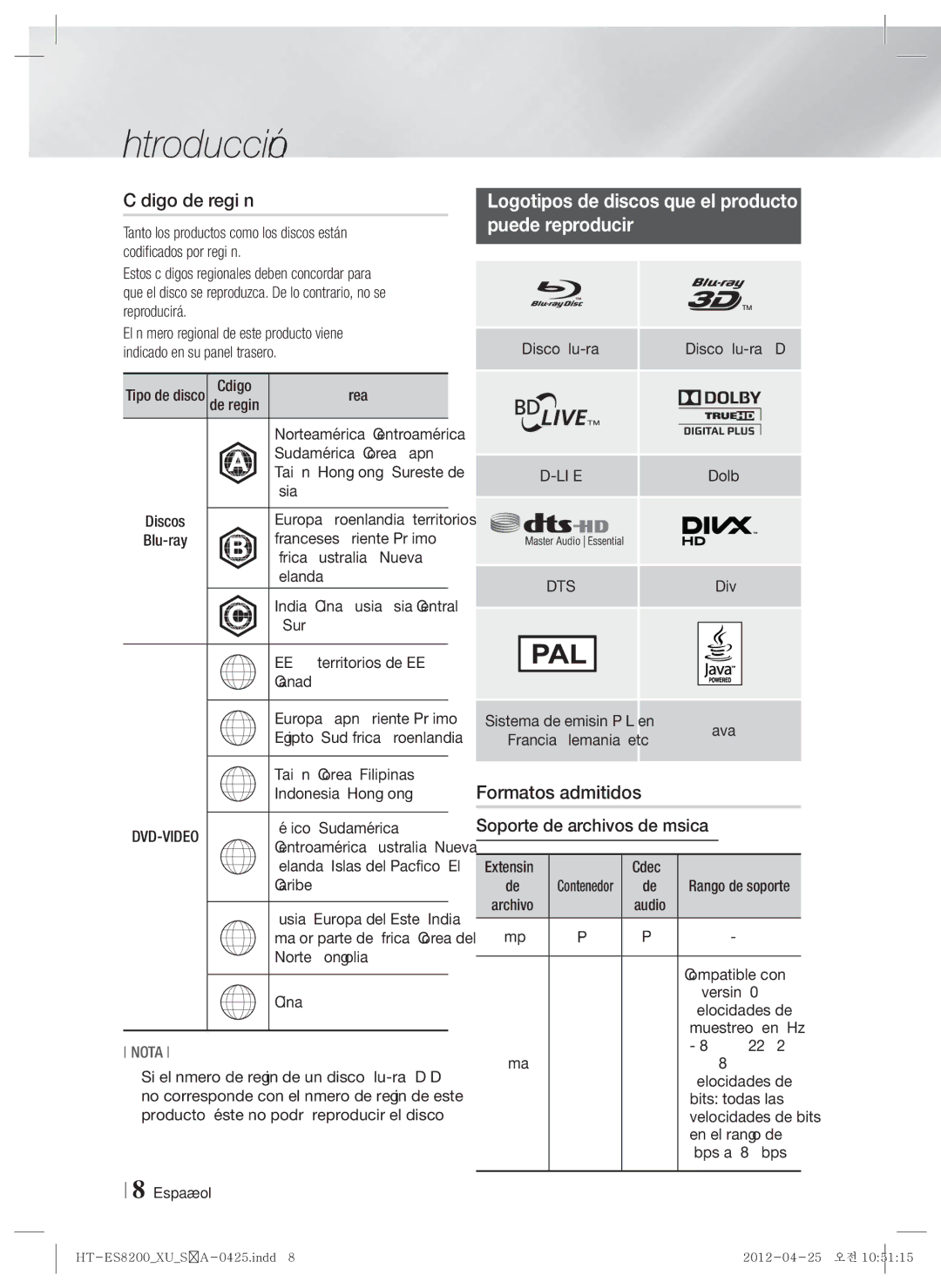 Samsung HT-ES8200/ZF manual Código de región, Logotipos de discos que el producto Puede reproducir, Formatos admitidos 