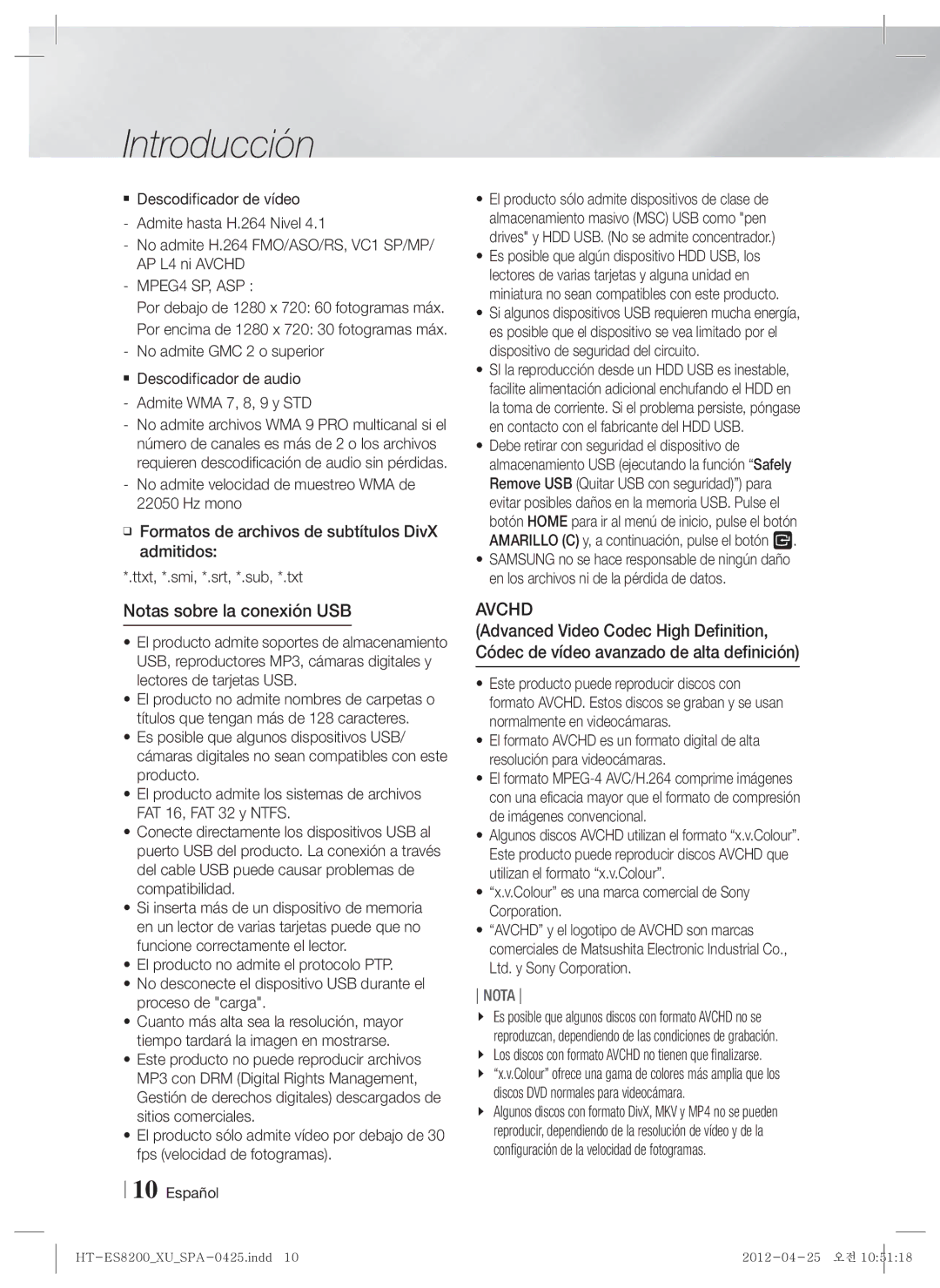 Samsung HT-ES8200/ZF manual Notas sobre la conexión USB, Colour es una marca comercial de Sony Corporation 