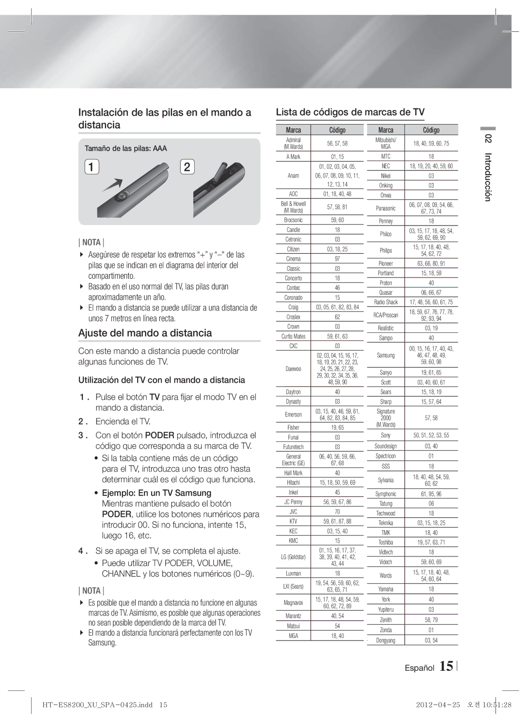 Samsung HT-ES8200/ZF Instalación de las pilas en el mando a distancia, Ajuste del mando a distancia, Introducción Español 