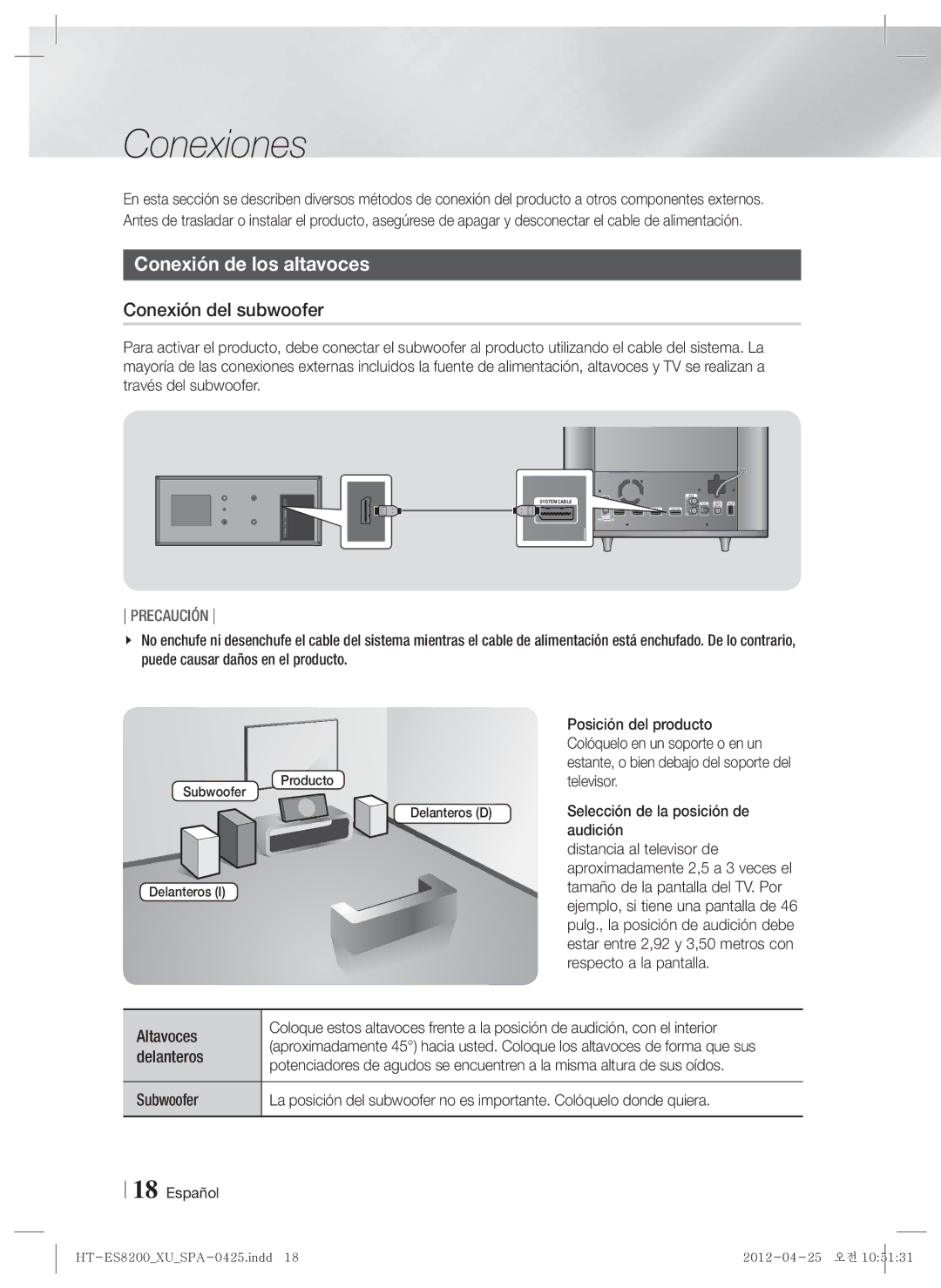 Samsung HT-ES8200/ZF manual Conexiones, Conexión de los altavoces, Conexión del subwoofer 