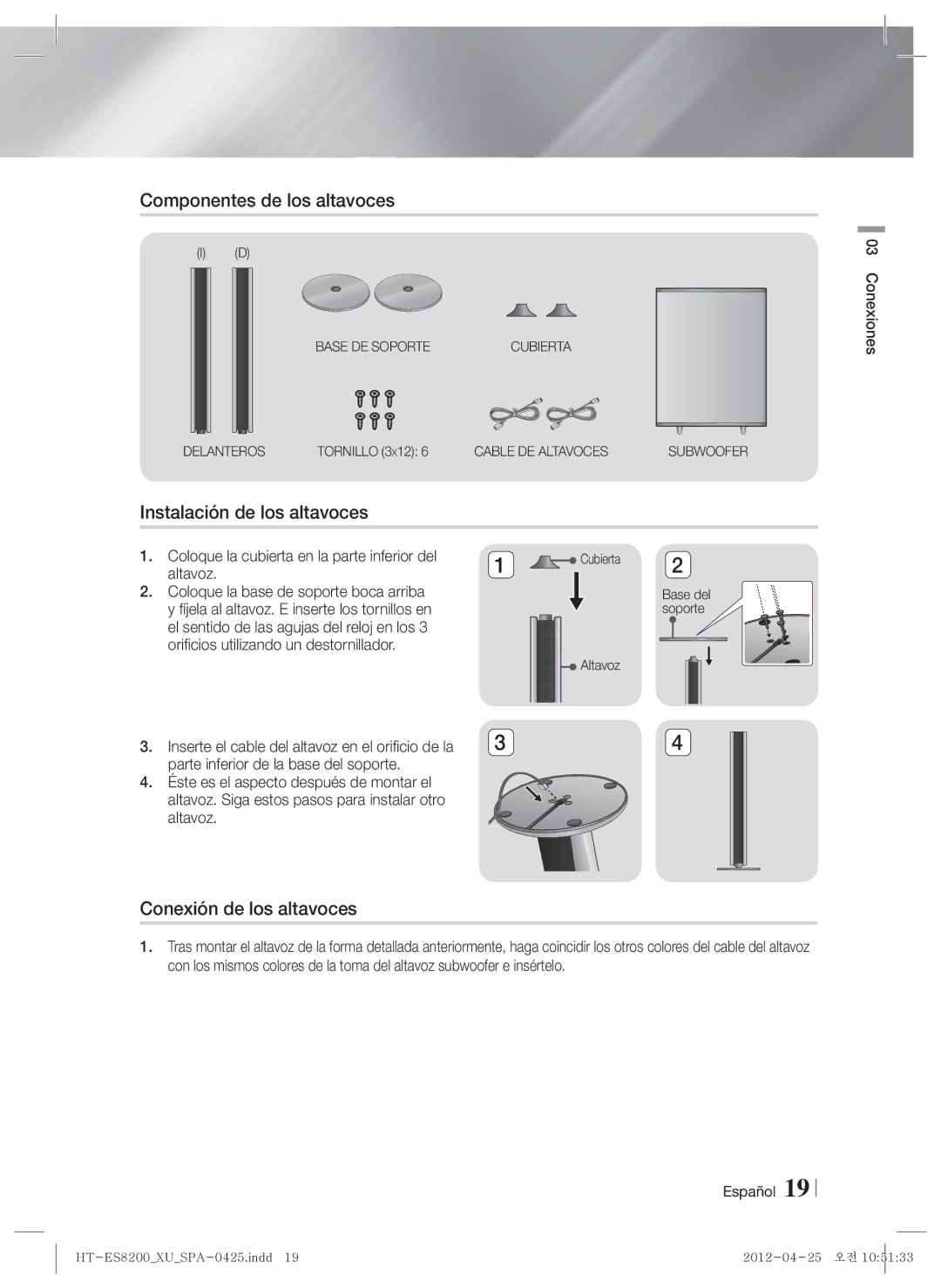 Samsung HT-ES8200/ZF Componentes de los altavoces, Instalación de los altavoces, Conexión de los altavoces, Conexiones 