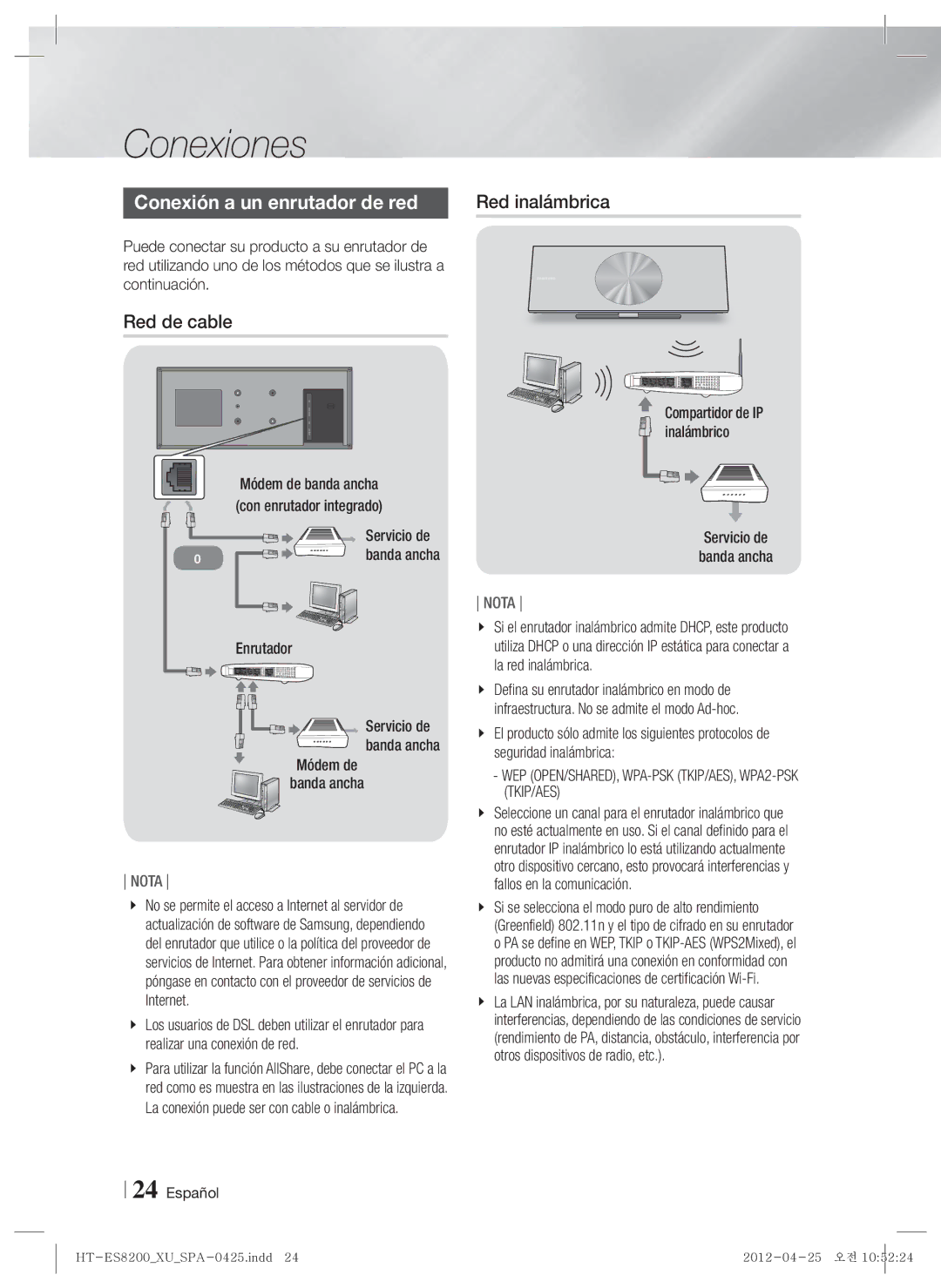 Samsung HT-ES8200/ZF manual Conexión a un enrutador de red, Red de cable, Enrutador Servicio de Banda ancha Módem de 