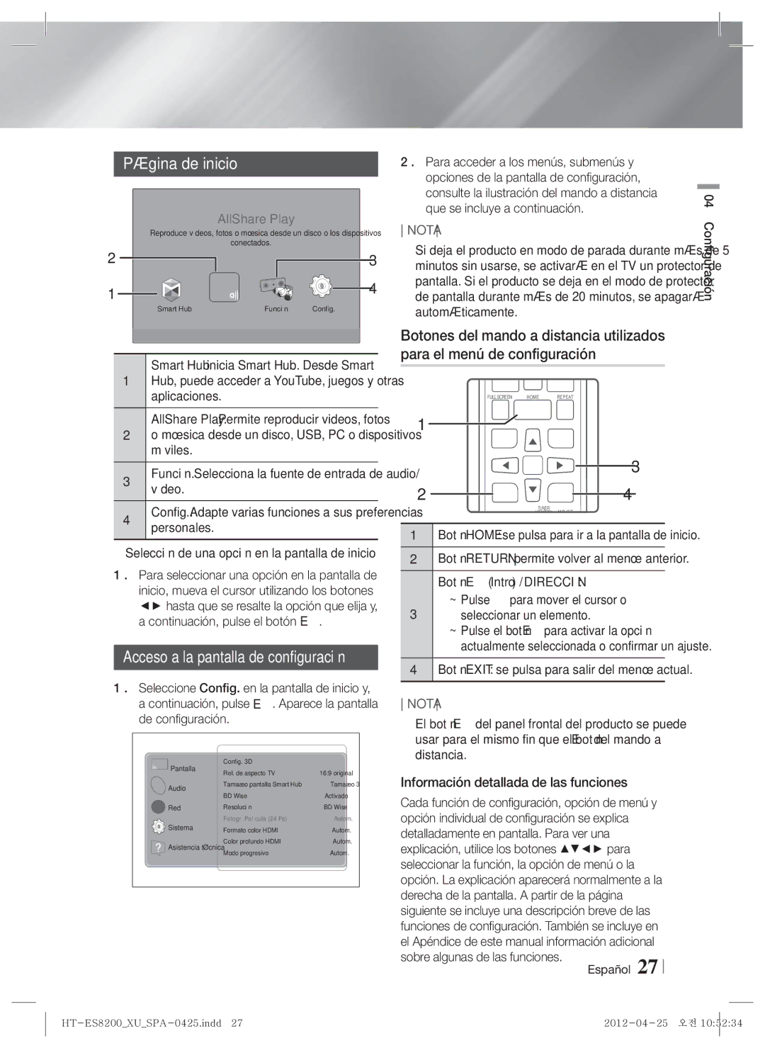 Samsung HT-ES8200/ZF manual Página de inicio, Música desde un disco, USB, PC o dispositivos móviles 