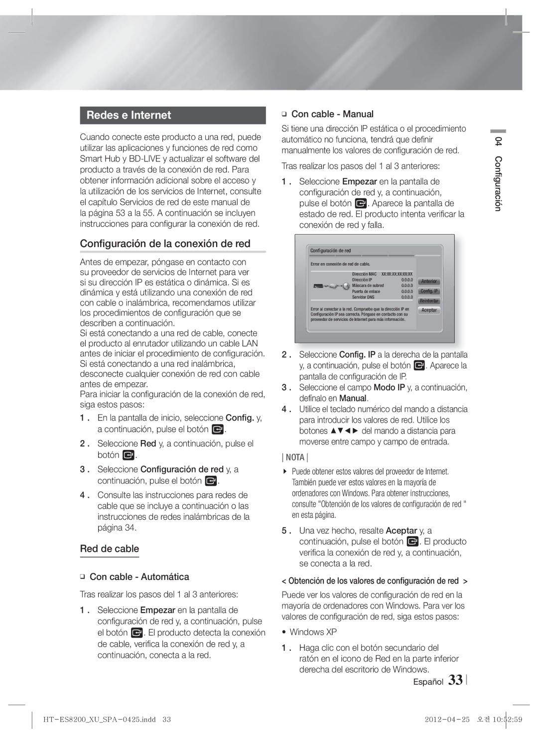 Samsung HT-ES8200/ZF manual Redes e Internet, Configuración de la conexión de red, Red de cable, Con cable Manual 