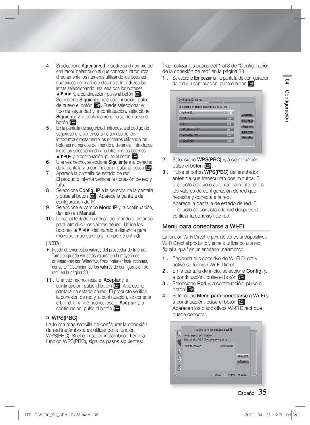 Samsung HT-ES8200/ZF manual Menu para conectarse a Wi-Fi, Seleccione Config. IP a la derecha de la pantalla 