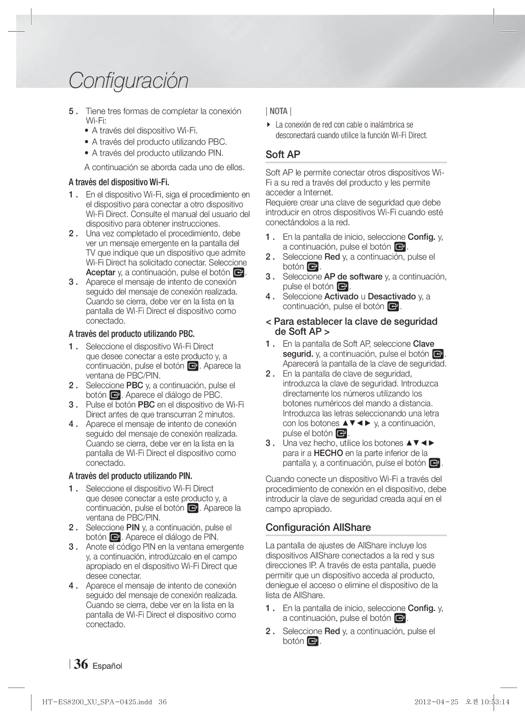 Samsung HT-ES8200/ZF manual Configuración AllShare, Para establecer la clave de seguridad de Soft AP 