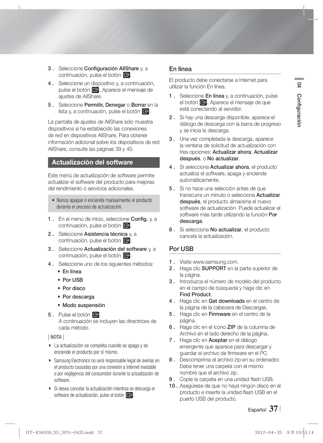 Samsung HT-ES8200/ZF manual Actualización del software, En línea, Por USB, Haga clic en Firmware en el centro de la página 