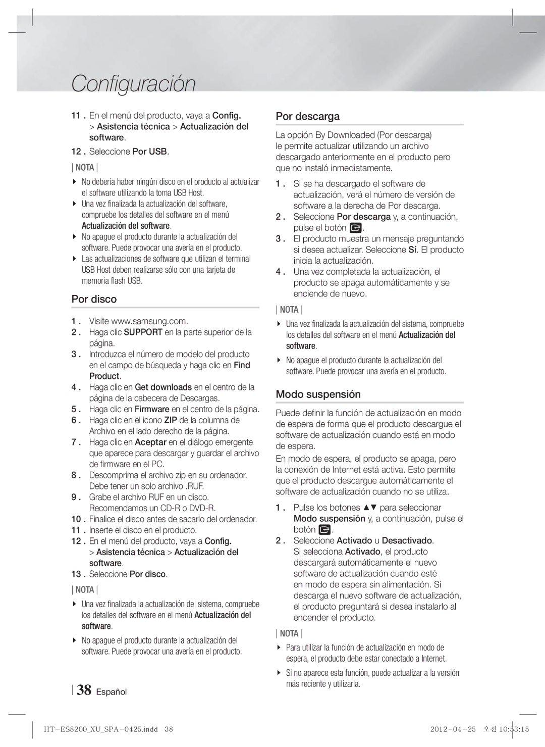 Samsung HT-ES8200/ZF manual Por disco, Por descarga, Modo suspensión, Archivo en el lado derecho de la página 